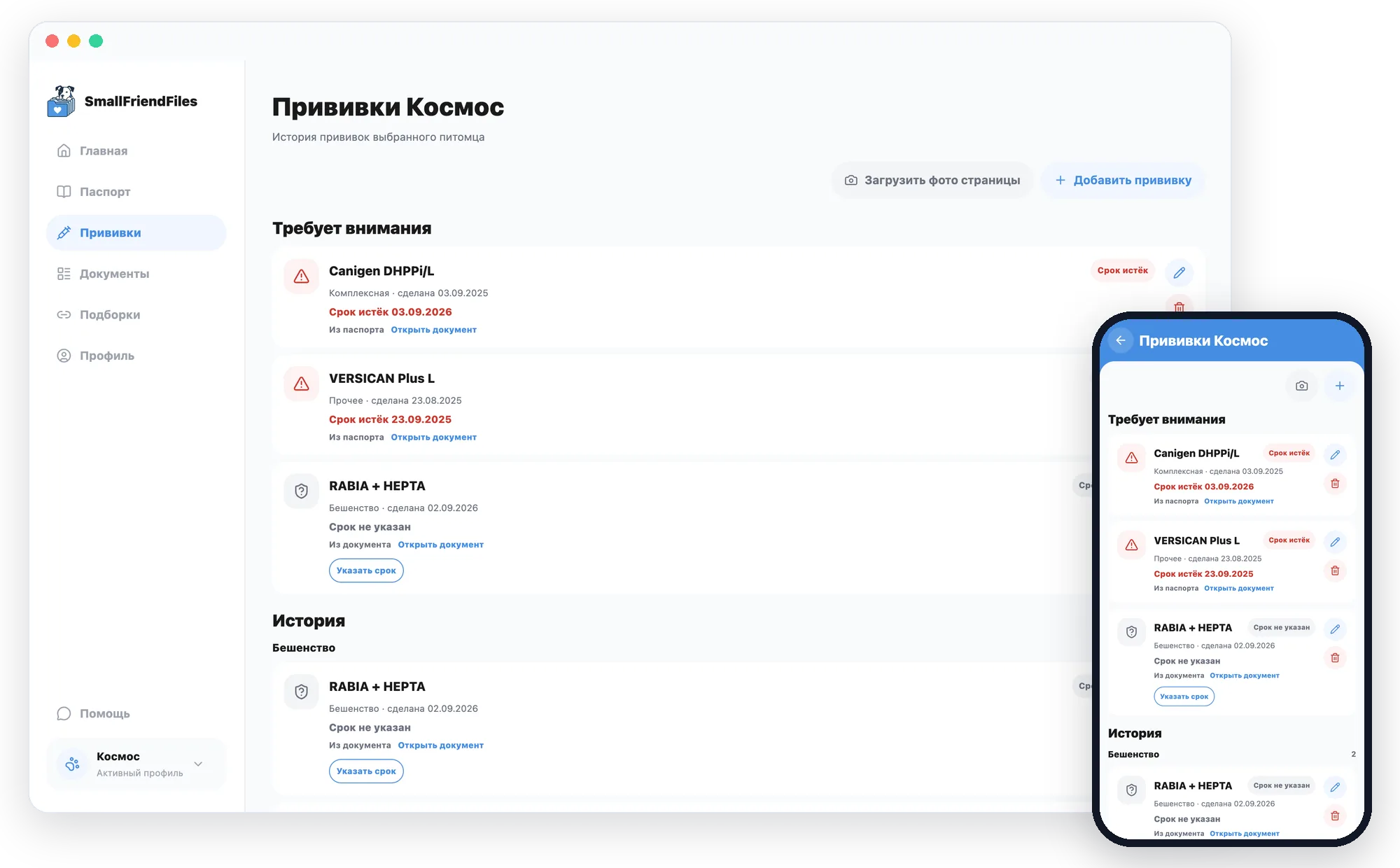 Экран приложения: Прививки — статусы и сроки из документов